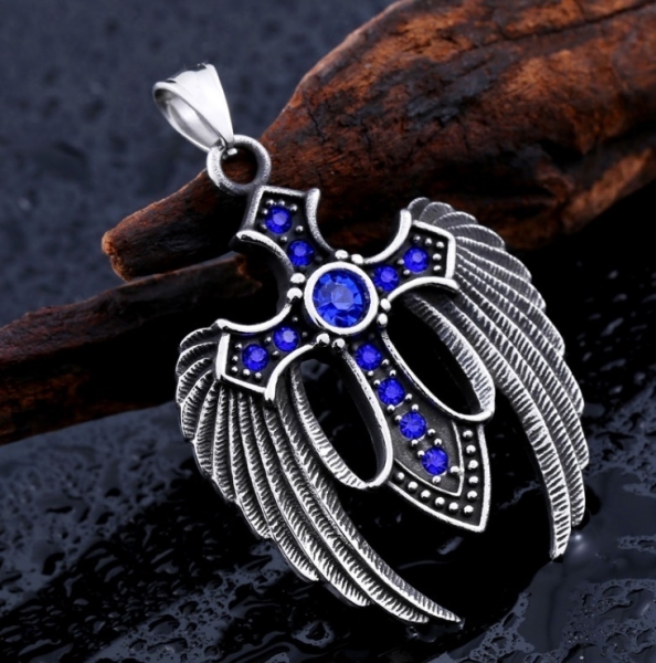 Halskette mit Kreuz und Flügel blau